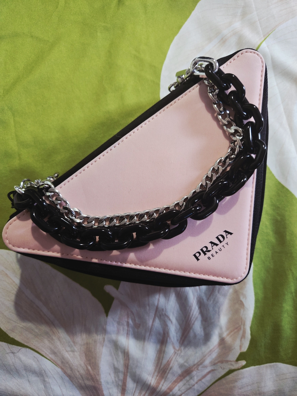 Prada Pink Triangle Mini Wristlet Bag with Chain
